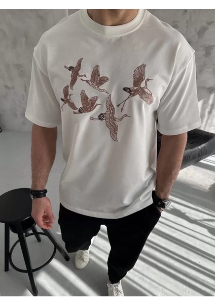 Unisex Nakış Işlemeli T-Shirt - Beyaz fiyatları