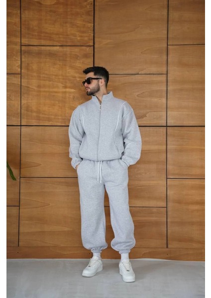 Erkek Premium Parçalı Eşofman Takım - Dik Yaka Fermuarlı Biyeli Sweatshirt Lastik Paça Alt, Ov