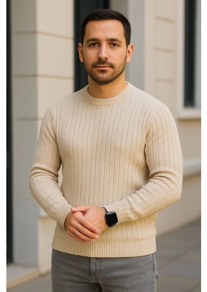 Erkek Bisiklet Yuvarlak Yaka Triko Kazak Pamuklu Kalın Fitilli Dokuma, Regular Fit Uzun Kollu Kış modelleri