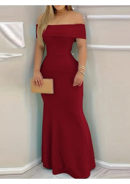 Kadın Kısa Kollu Madonna Yaka Belden Oturtmalı Uzun Ithal Krep Elbise