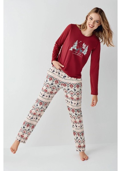 Kadın Yılbaşı Temalı %100 Pamuklu Uzun Kollu Bisiklet Yaka Pijama Takımı