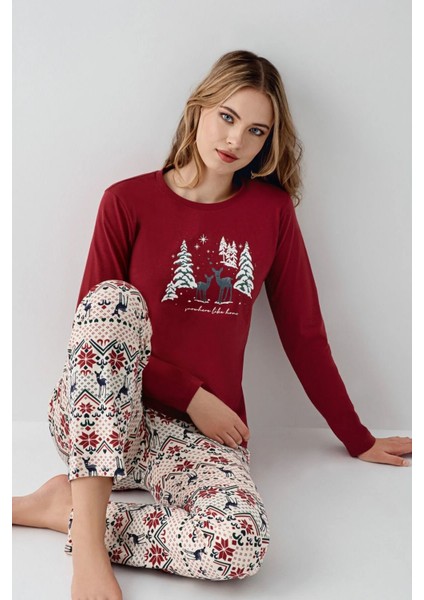 Kadın Yılbaşı Temalı %100 Pamuklu Uzun Kollu Bisiklet Yaka Pijama Takımı fiyatları