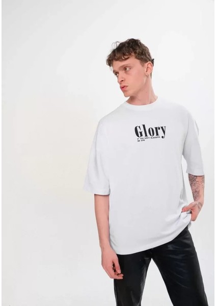 Unisex Bisiklet Yaka Baskılı Oversize T-Shirt - Siyah