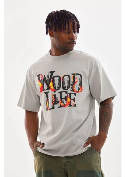 Unisex Baskılı Oversize T-Shirt - Gri