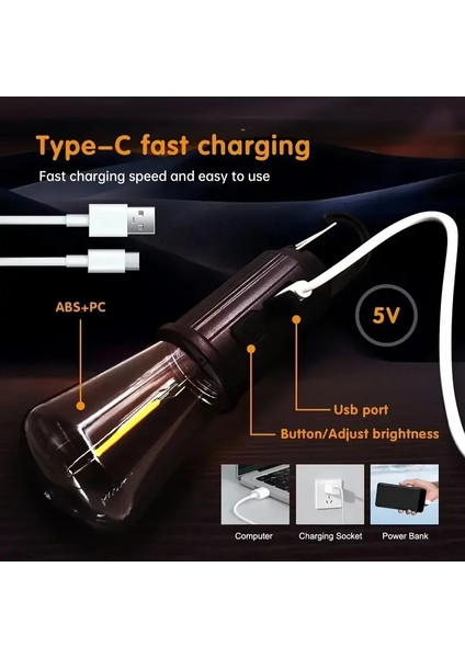 Rustik Taşınabilir Şarjlı Tasarruflu Ampul 10W LED Lamba Type-C Şarj Askılı Asma Aydınlatma fırsatları