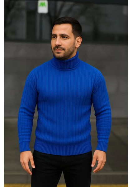 Erkek Balıkcı Yaka Bağazlı Triko Kazak Pamuklu Kalın Fitilli Dokuma, Regular Fit Uzun Kollu Kı