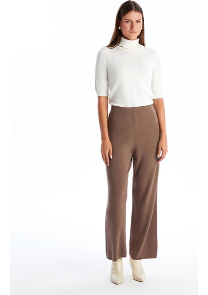 Yeni Sezon Beli Lastikli Düz Geniş Paça Kadın Triko Pantolon