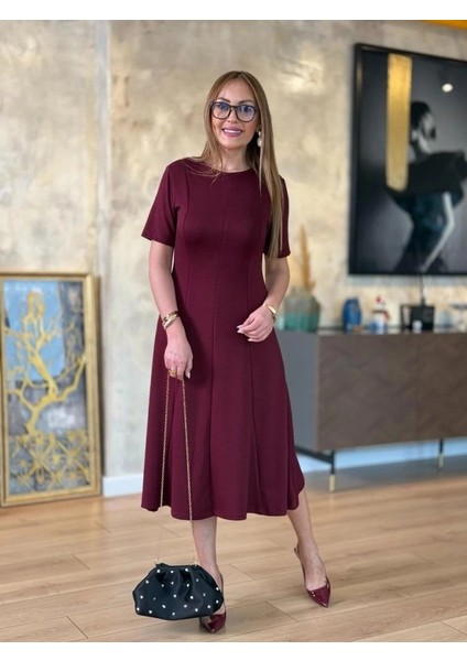 Kadın Kısa Kollu Bisiklet Yaka Midi Viskon Iki Iplik Elbise fiyatları