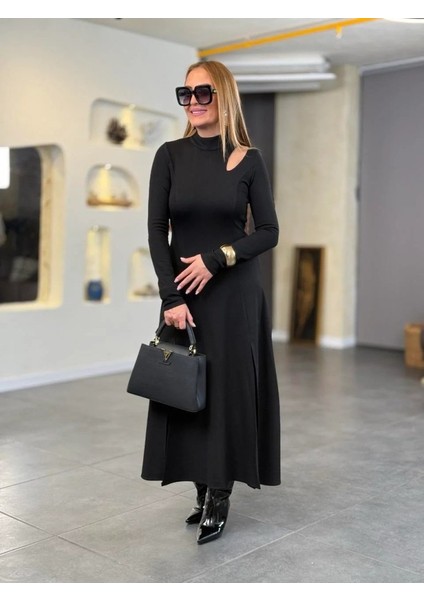 Kadın Balıkçı Yaka Damla Detaylı Yırtmaçlı Uzun Viskon Iki Iplik Maxi Elbise indirimleri