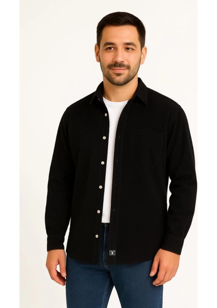 Erkek Fitilli Kadife Cepli Gömlek Oversize Rahat Kalıp - Siyah