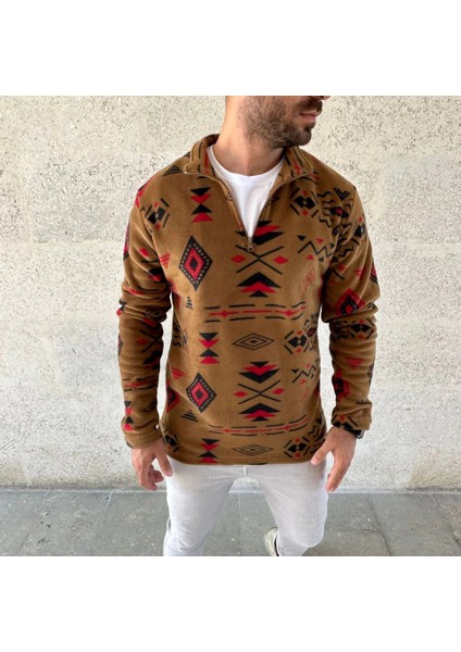 Erkek Yarım Fermuarlı Desenli Polar Sweat Tribal Etnik Desen Yakalı, Uzun Kollu, Oversize Rahat K modelleri