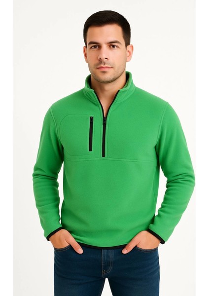 Erkek Polar Kazak – Dik Yaka, Yarım Fermuarlı, Fermuarlı Göğüs Cepli, Siyah Biyeli, Kışlı fırsatları