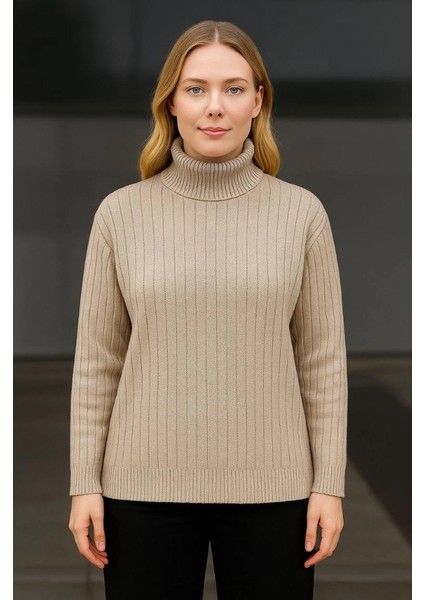 Balıkcı Yaka Bağazlı Triko Kazak Pamuklu Kalın Fitilli Dokuma - Bej fiyatları