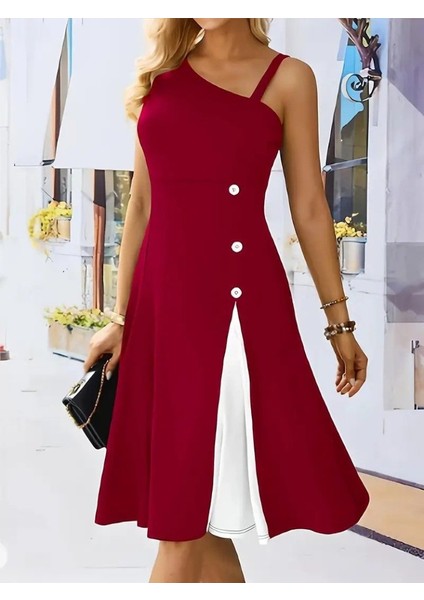 Kadın Tek Omuzu Şerit Detaylı Kolsuz Yandan Düğme Detaylı Janjan Krep Elbise