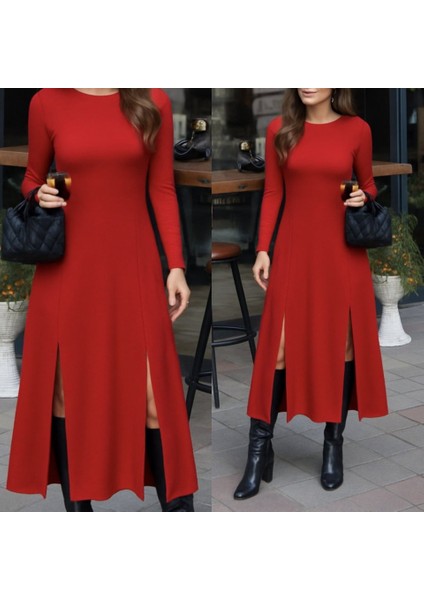 Kadın Uzun Kollu Hafif Kayık Yaka Sırt Dekolteli Yırtmaç Detaylı Viskon Tam Boy Elbise modelleri