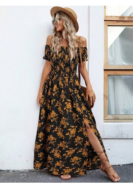 Kadın Kısa Kollu Madonna Yaka Yırtmaçlı Çiçek Desenli Süprem Elbise