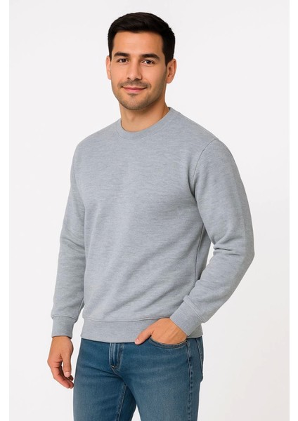 Erkek Üç Iplik Düz Bisiklet Yaka Sweatshirt - Gri fiyatları