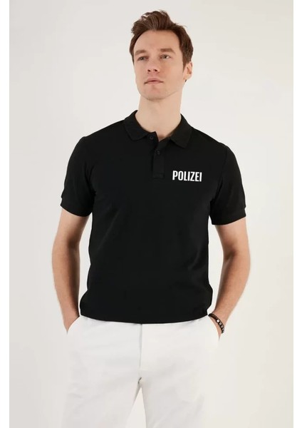 Yakası Düğmeli Yakalı Pike Baskılı T-Shirt - Siyah fiyatları