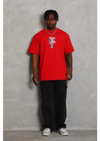 Unisex Oversize Baskılı Bisiklet Yaka T-Shirt - Kırmızı modelleri