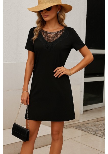 Kadın Kısa Kollu Dantel Yakalı Kısa Viskon Elbise