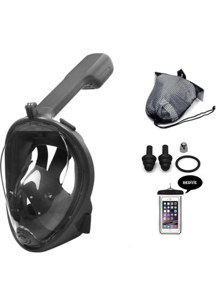 Yüz Dalış Maskesi Buğu Önleyici Şnorkel Fullface Yüzücü Maskesi Siyah