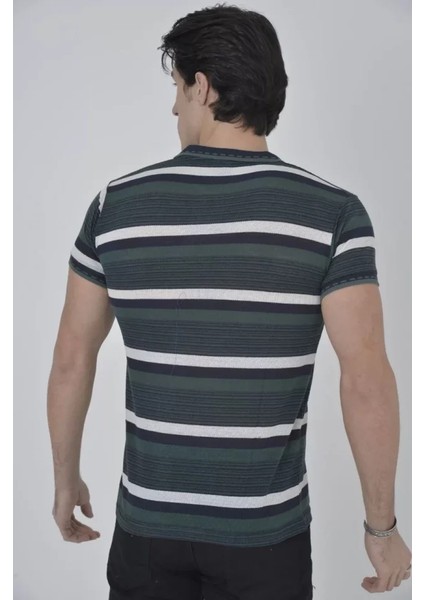 Erkek Yakalı Slim Fit Dokuma Çizgili T-Shirt - Haki fiyatları