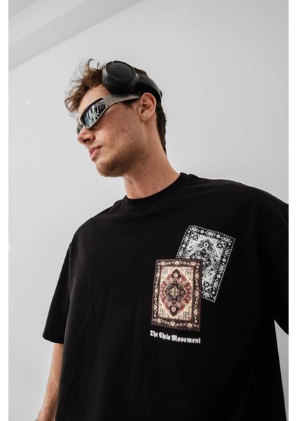 Erkek Baskılı Oversize T-Shirt - Siyah