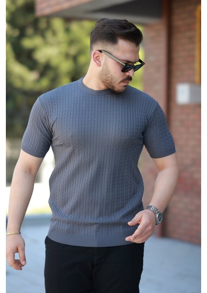 Erkek Bisiklet Yaka Örgü Desenli Kısa Örme Triko Kısa Kollu T-Shirt