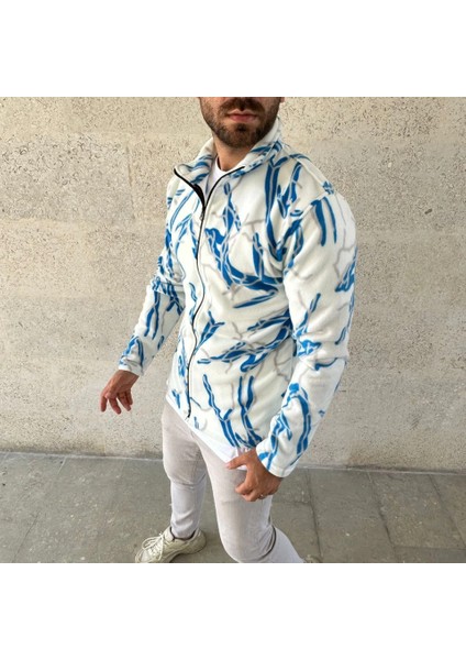 Erkek Tam Fermuarlı Desenli Polar Sweat Lightning Desen Yakalı, Uzun Kollu, Oversize Rahat Kalıp modelleri