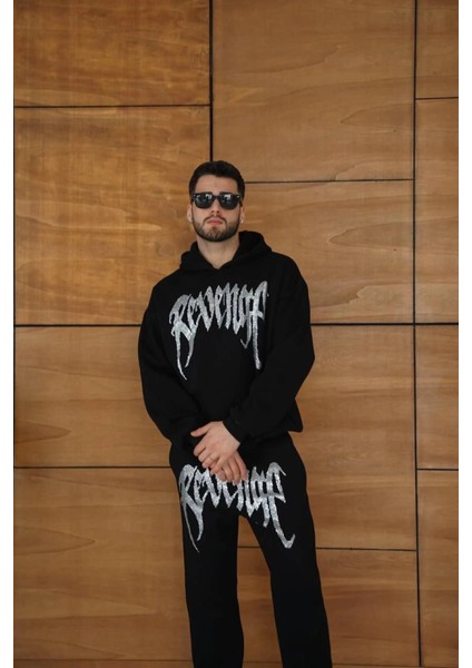 Erkek Premium Taş Baskılı Eşofman Takım Revenge Model (Siyah) Kapüşonlu Üst + Taşlı Baskı