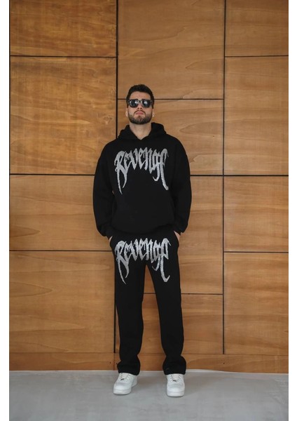 Erkek Premium Taş Baskılı Eşofman Takım Revenge Model (Siyah) Kapüşonlu Üst + Taşlı Baskı modelleri