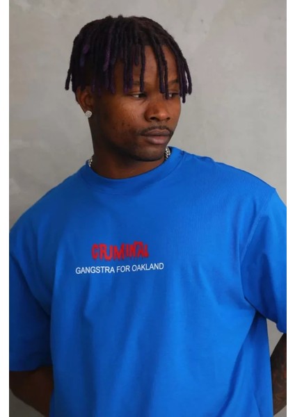 Unisex Baskılı Oversize T-Shirt - Mavi modelleri