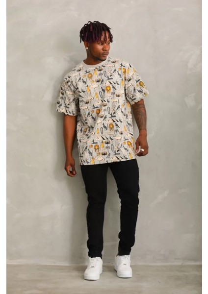Unisex Oversize Baskılı Bisiklet Yaka T-Shirt - Gri modelleri