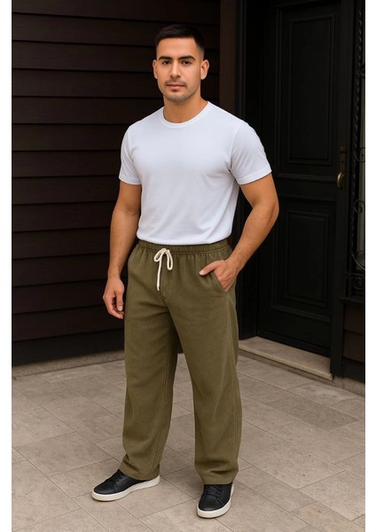 Erkek Fitilli Kadife Cepli Buggy Pantolon Oversize Rahat Kalıp - Haki