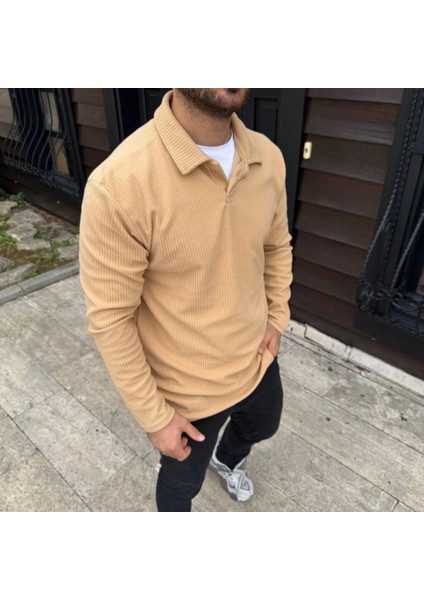 Erkek Fitilli Polar Sweatshirt – Düğmesiz Polo Yaka, Oversize Rahat Kalıp, Kalın Polar Kumaş, modelleri