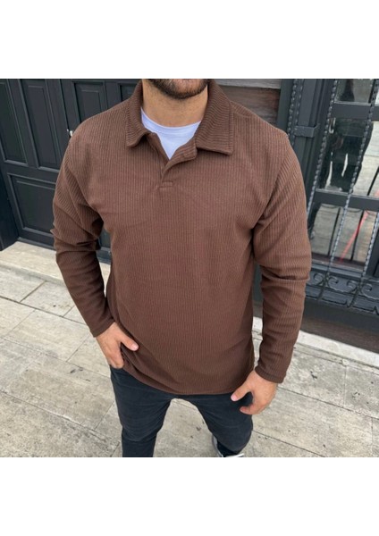 Erkek Fitilli Polar Sweatshirt – Düğmesiz Polo Yaka, Oversize Rahat Kalıp, Kalın Polar Kumaş, fiyatları