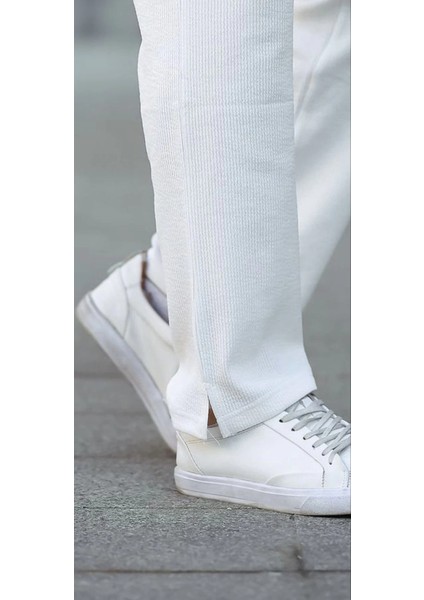 Erkek Paça Yırtmaçlı Burgu Selanik Dokulu Jogger Buggy Pantalon Rahat Kalıp - Beyaz fiyatları