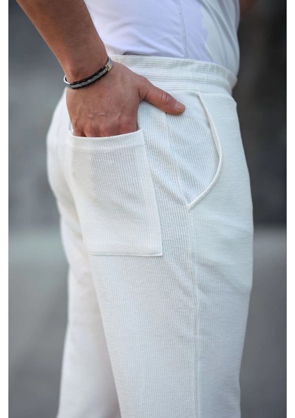 Erkek Paça Yırtmaçlı Burgu Selanik Dokulu Jogger Buggy Pantalon Rahat Kalıp - Beyaz modelleri