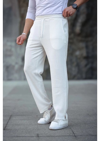 Erkek Paça Yırtmaçlı Burgu Selanik Dokulu Jogger Buggy Pantalon Rahat Kalıp - Beyaz fırsatları