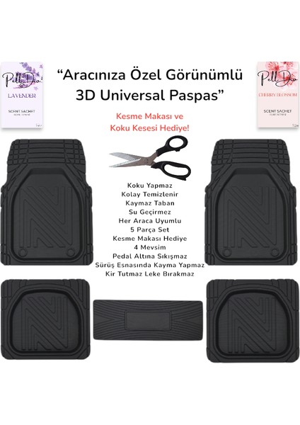 Ford Focus Uyumlu Universal 5’li Paspas Seti – Kaymaz, Su Geçirmez, Araca Özel Form – Hediye Kesme Makası