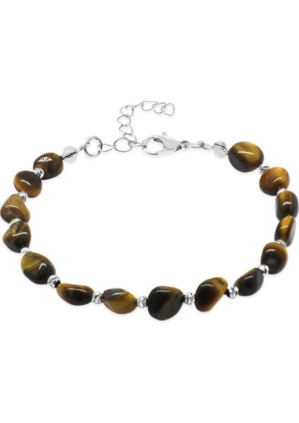 Gümüş Renk Metal Zincirli Dorika Top Süslemeli Amorf Kaplan Gözü Doğaltaş Erkek Bileklik