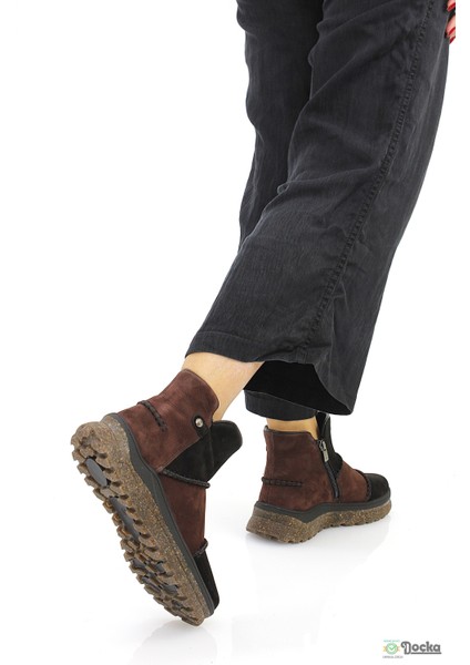 Mammimia Kadın Hakiki Deri Ortopedik Fermuarlı Düz Kalın Taban Spor Günlük Bot M26/KB4090