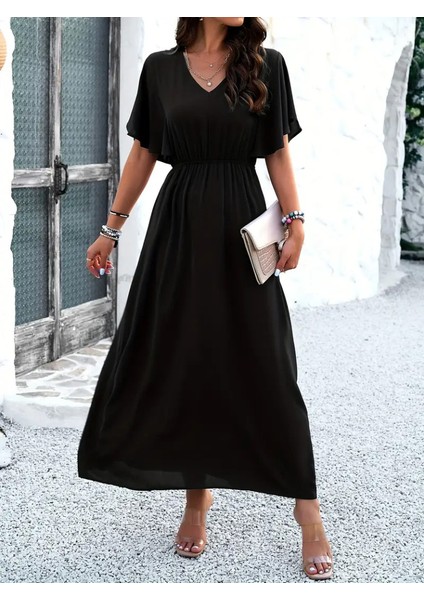 Kadın Kısa Kollu V Yakalı Beli Lastikli Uzun Viskon Elbise fırsatları