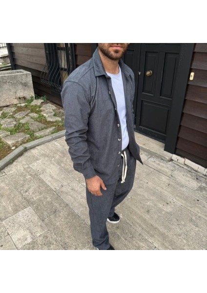 Erkek Kadife Oversize Takım – Gömlek ve Pantolon Ikili Set Füme Corduroy Şıklığı, Rahat V modelleri