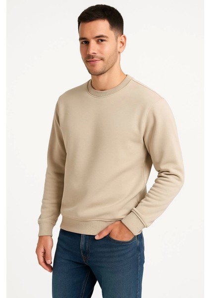 Erkek Üç Iplik Düz Bisiklet Yaka Sweatshirt - Bej