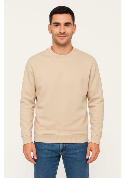Erkek Üç Iplik Düz Bisiklet Yaka Sweatshirt - Bej fırsatları