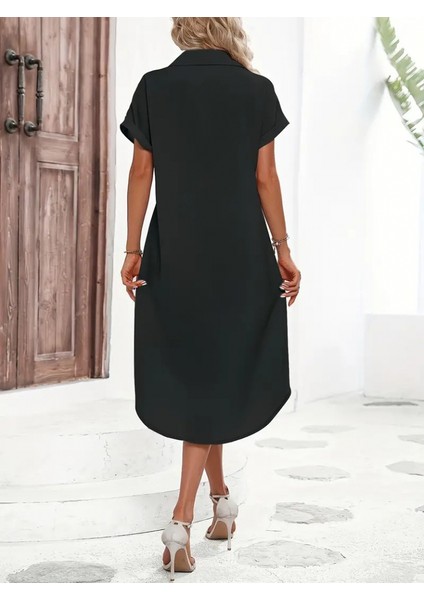 Kadın Kısa Kollu Yakalı Düğme Detay Midi Dokuma Elbise fırsatları