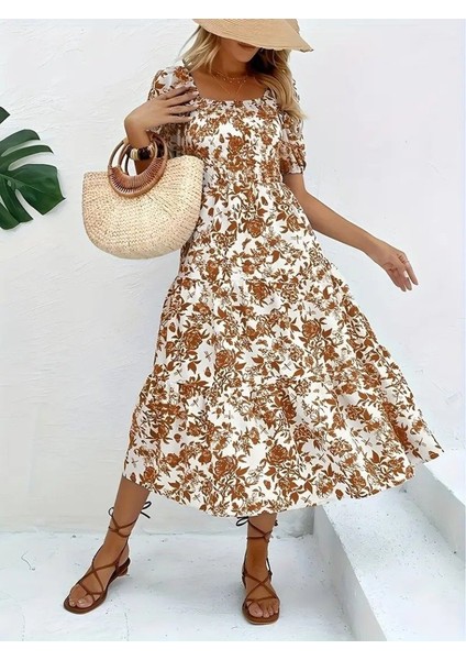 Kadın Kısa Kollu Kare Yakalı Lastikli Desenli Süprem Elbise