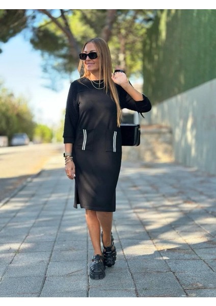 Kadın Viskon Pamuklu Kumaş Kol File , Şerit ve Cep Detaylı Elbise modelleri