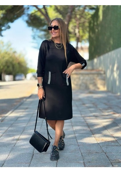 Kadın Viskon Pamuklu Kumaş Kol File , Şerit ve Cep Detaylı Elbise fırsatları